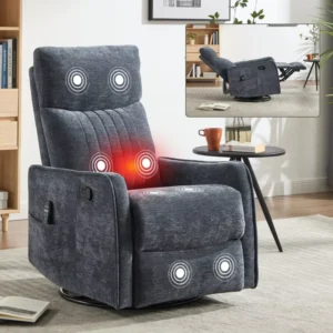 360° Swivel Rocking Massage with Timer 8 Vibration Nodes & Lumbar Heat Heavy Duty Blue Chenille Recliner Chair