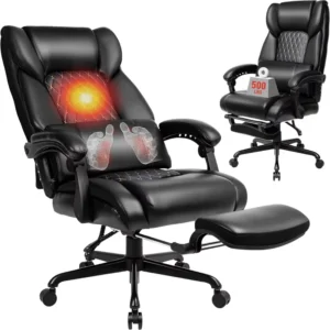3D Kneading Massage Office Chair Heat 500 Lbs Big Tall Executive Computer Desk Recliner Leather Electric Footrest Black
