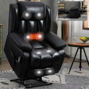 Black Genuine Leather Dual Motor Chair 350lbs 180° Recline Massage Heat Remote Control Heavy Duty Power Lift Recliner