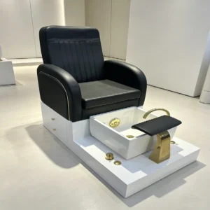 Black PU Pedicure Chair with White Foot Tub Gold Hardware Nail SPA Station