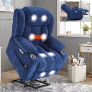 Blue Elderly Heavy Duty Chair up to 350 LBS Heat Massage 8 Vibration Nodes Power Lift Recliner for USB Ports