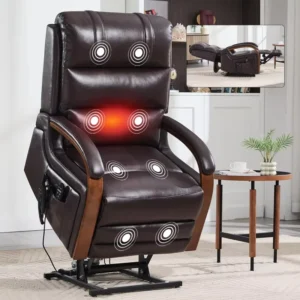 Brown American Design Faux Leather Chair Dual Motor Luxury Massage Seat Solid Wood Armrest Side Pockets Power Lift Recliner