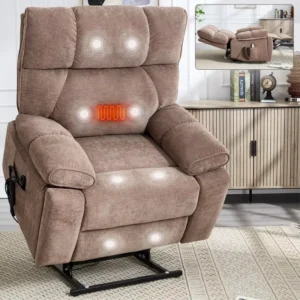 Brown Chenille Chair Dual Motor 350lbs Heat Massage 8 Vibration Nodes Heavy Duty Power Lift Recliner with Side Pockets