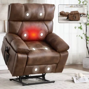 Brown Faux Leather Dual Motor Heavy Duty Heat Massage 8 Vibration Nodes Side Pockets Power Lift Recliner Chair