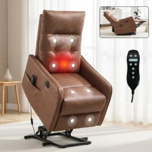 Brown PU Power Lift Recliner for Elderly Electric Lift Chair with Massage & Heat Heavy Duty Support 155° Max Recline