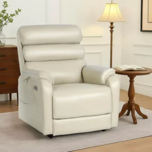 Cream White Genuine Leather Electric Lift Recliner Chair Dual Motor Lay Flat Sofa Heat Massage Charging Living Room Hotel