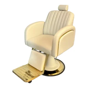 Cream White Luxury Ergonomic Portable Foldable Barber Chair Reclining Gold Trim Height Adjustable 360 Degree Rotation Beauty