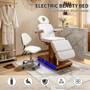 Custom High End Massage Beauty Chair Set Featuring a Gold Stainless Steel Base LED Lighting PU Upholstery 3 Stage Adjustability