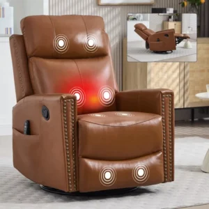 Deep Yellow Genuine Leather Luxury 360° Swivel Rocking Massage Heat American Design Heavy Duty Recliner Chair