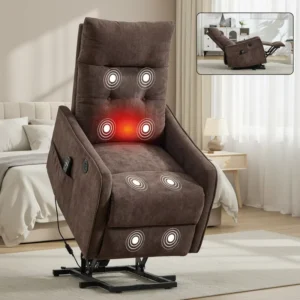 Electric Lift Recliner in Brown Chenille Fabric Built in Massage & Heat Adjustable 155° Recline Angle for Seniors