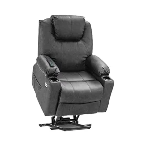 Electric Power Lift Recliner Chair Grey Medium Faux Leather 7040 Elderly 3 Positions Sofa Massage Heat 2 Side Pockets Cup