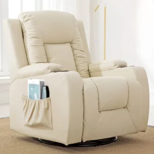 Ergonomic Massage Rocker Recliner Chair PU Leather Heated Lounge 360 Degree Swivel Extendable Sofa Seat Wood Drink