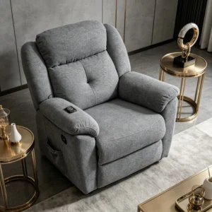 Grey Fabric Manual Lift Recliner Chair Midcentury Modern Design Queen Anne Back Massage Feature Side Storage Pocket Hand