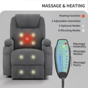 Heated Massage Recliners Chair 8 Point Vibration Massage USB Type C Stainless Steel Cup Holders Single Sofa Elderly Care Sofa
