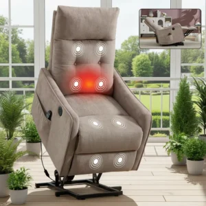 Khaki Chenille Power Lift Recliner Electric Chair with Massage Heat Heavy Duty 155° Recline for Elderly