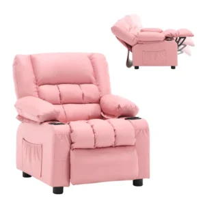Kids Recliner Chair Pink PU Faux Leather Modern Design Adjustable Sofa Lounge Couch Massage Feature Children Armchair
