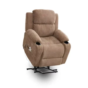 Large Brown Modern Fabric Electric Recliner for Elderly Heating Massage Lift Function Memory Foam Cup Holder Oversized Home