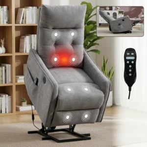 Light Grey Chenille Power Lift Recliner Electric Chair with Massage & Heat Heavy Duty Support 155° Max Recline for Elderly