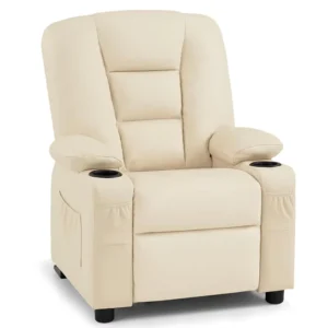 Lightweight Beige Children’s Chair Button Recliner Sofa Chair Modern Design Easy Clean for Living Room Use with Cup Holder