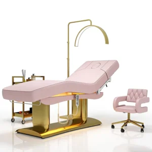Luxurious Gold Base Massage Table Bed and Stool Set Modern 4 Motors Electric Reclining Esthetician Facial Beauty Bed with Lights