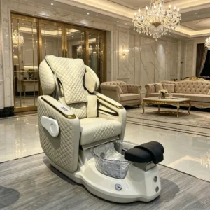 Luxury Golden Trim Pedicure SPA Chair Quilted PU Foot Chair with Crystal Basin for Premium Nail Salon