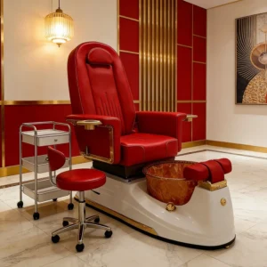 Luxury Red Pedicure Chair with Foot SPA Tub and Stool Cart