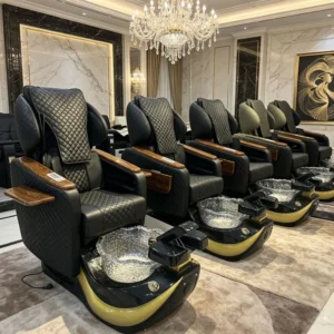 Luxury Wood Armrest Pedicure SPA Chair Quilted PU Foot Chair with Crystal Basin for Premium Nail Salon