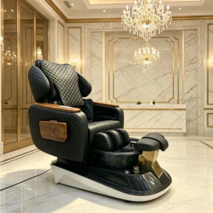 Luxury Wood Armrest Pedicure SPA Chair Quilted PU Foot Chair with Golden Basin for Premium Nail Salon