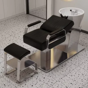 Modern Ceramic Basin Shampoo Bed for Hair Salons Simple Semi Reclining Style with Stainless Steel Frame Massage Storage Features