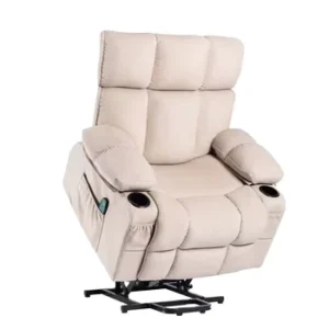 Modern Cream Fabric Power Stand Sit Electric Chair Lifts Wood Frame Recliner with Extendable Massage Feature for Elderly
