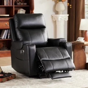 Motor Power Lift Recliner Chair Adjustable Lumbar Support Lay Flat Feature Breathable Black Leather Massage