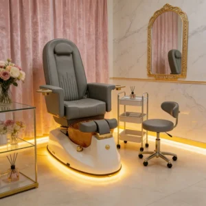 No Plumbing Luxury Grey Pedicure Chair with Wooden Foot Tub and Gold Trim