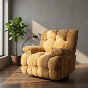 Oversized Extendable USB Charge Port Modern Soft Electric Massage Yellow Chenille Rocking Chair Adults Fabric Metal Eco Friendly