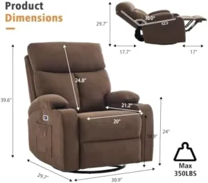 Power Swivel Rocker Recliner Massage Chair for Adults Electric Glider Rocking Chairs USB Type C Ports Fabric Reclining Sofa