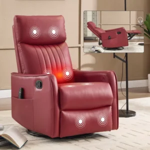 Red Heavy Duty 360° Rotating Rocker Faux Leather Massage Seat with Lumbar Support Recliner Chair