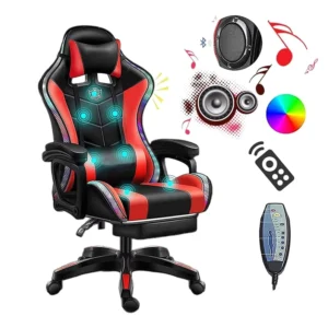 Red RGB Gaming Chair with Speakers and LED Light Ergonomic 7 Points Massage Video Game Chair High Back PU Leather E Sport Chair