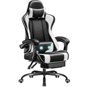 White Ergonomic Game Gaming Chair with Footrest and Massage Lumbar Support