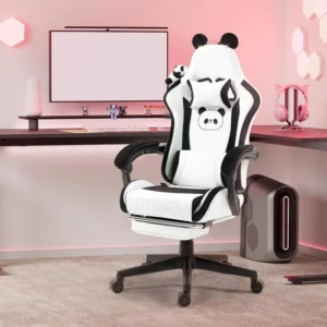 White Pink Gaming Chair with Cat Ears Ergonomic Computer Chair with Footrest Reclining PC Game Chair for Girl Teen Kids